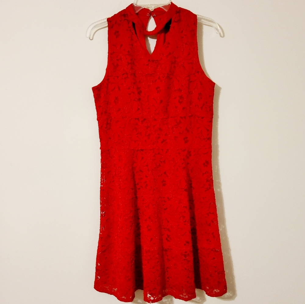 Perceptions New York Stretch Red floral embroidered Lace Fit & Flare Dress Sz 8